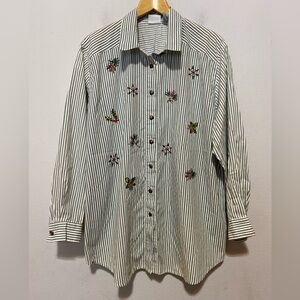 Vintage Koret Striped Long Sleeve Button Up  Womens Size 18W Embroidered Holiday